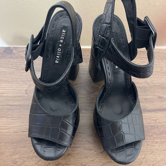 Alice + Olivia Black Croc-Embossed Platform Heels - Picture 5 of 7